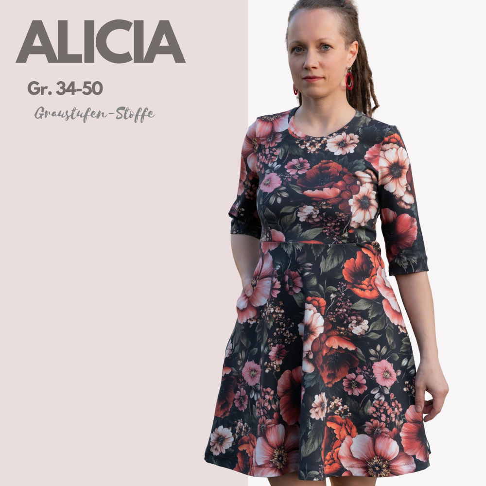 Kleid PDF-Schnittmuster Alicia mit langen und dreiviertel Ärmeln Größe 34 - 50